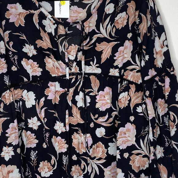 NWT Amuse Society Black Peach Pink Floral Long Bell Sleeve VNeck Boho Blouse SM - Picture 6 of 12